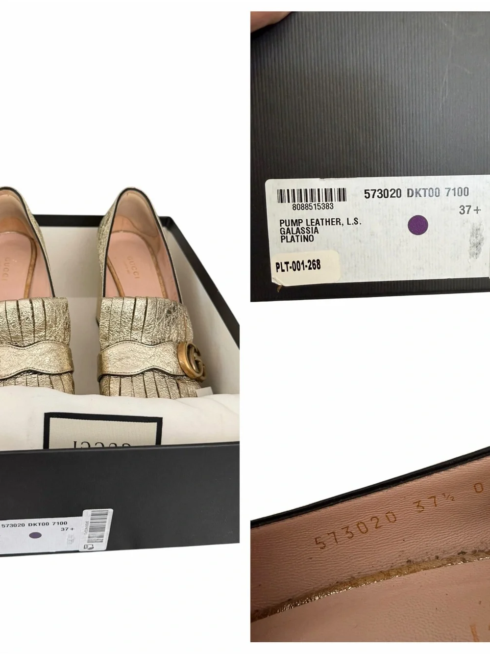 Gucci Gold Leather Galassia Platino Marmont  GG Platform Block Heels Size 37.5